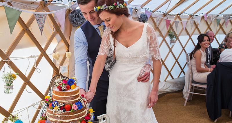Bride and groom cut the cake