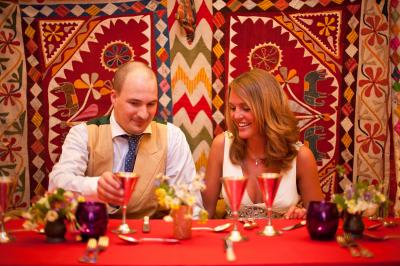 Bride and groom at a low table